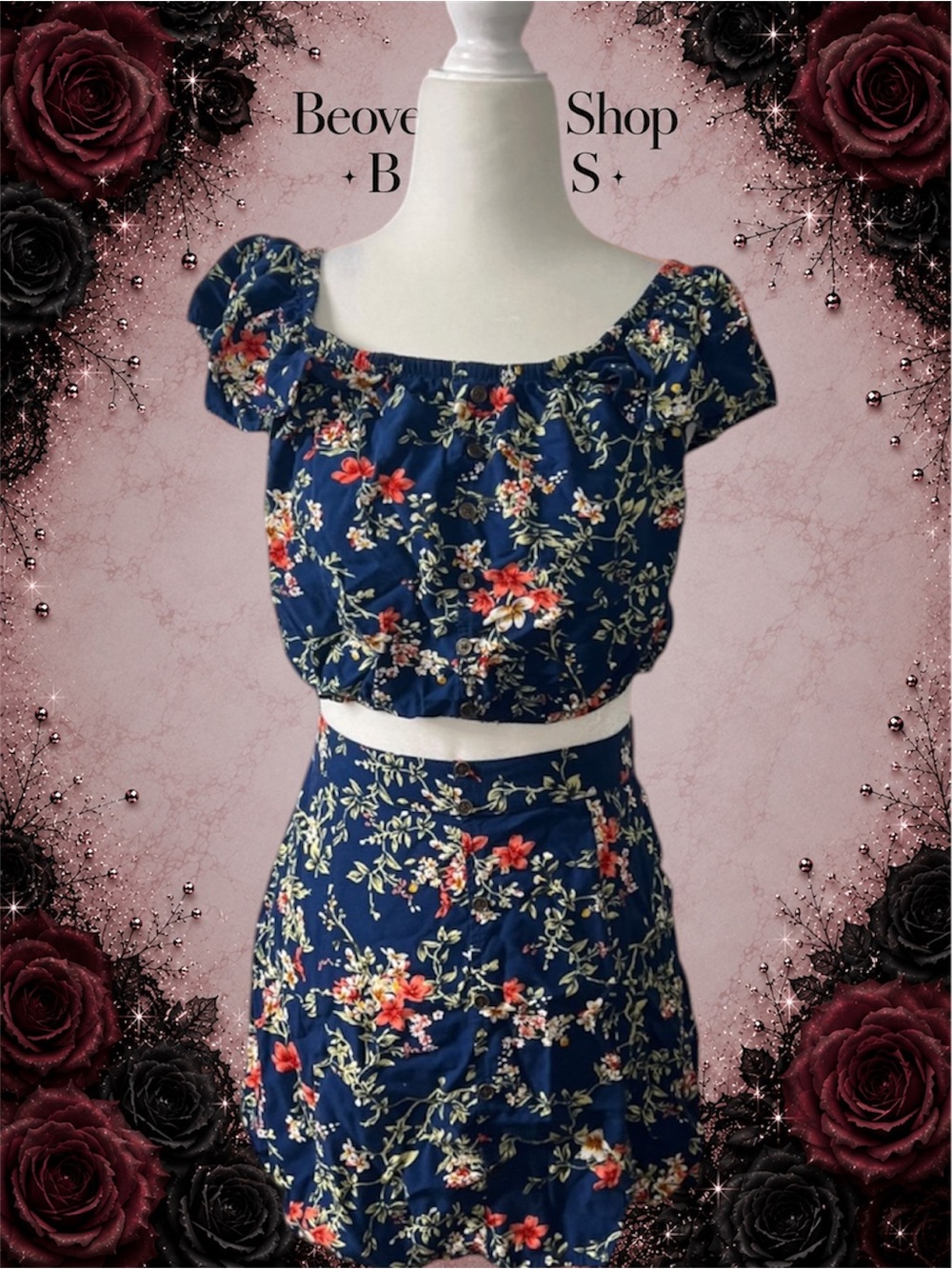 Preowned Xhilaration Floral 2-Piece Set Crop Top Medium & Skirt XS Blue Red Flor - Picture 3 of 10
